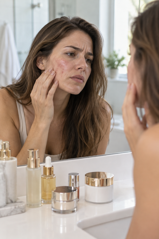 Frustrated woman checking red, irritated skin in a bathroom mirror next to expensive skincare