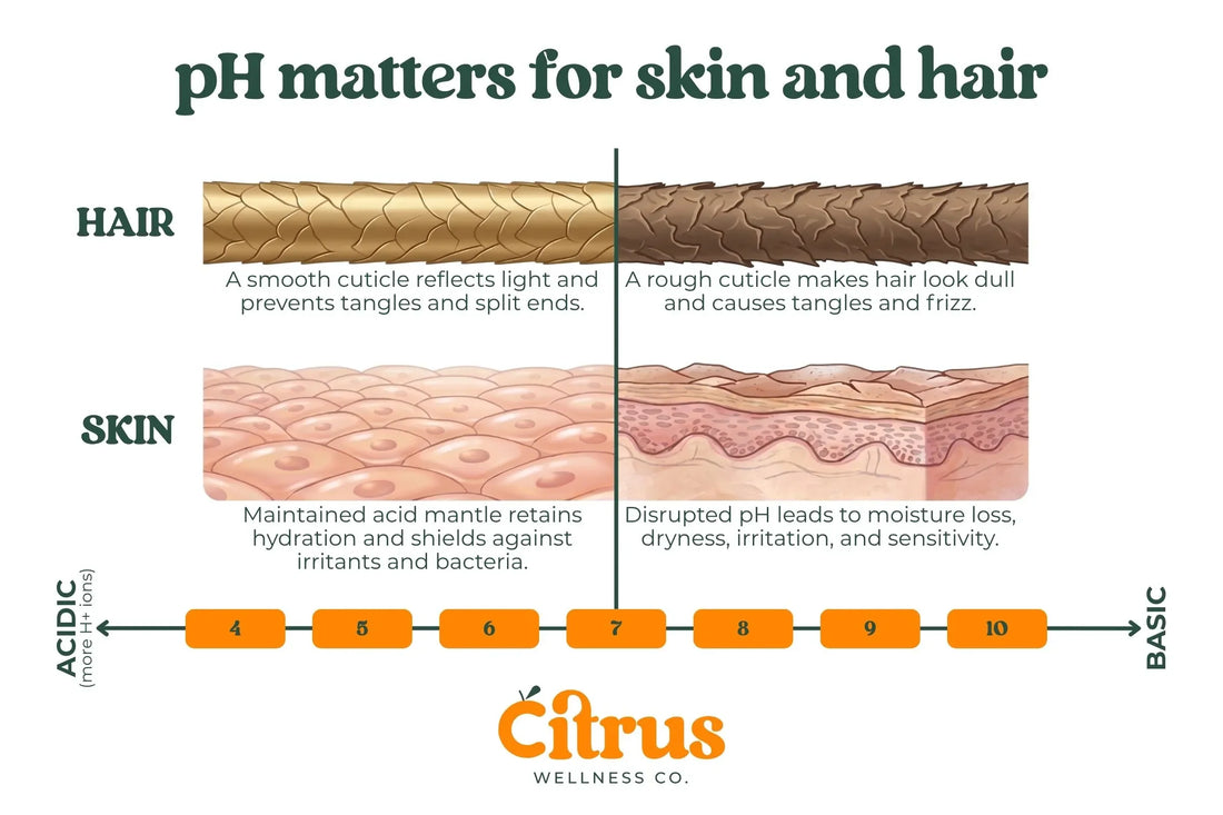 A diagram showing the damaging effects of skin and hair after exposure to elevated pH water.