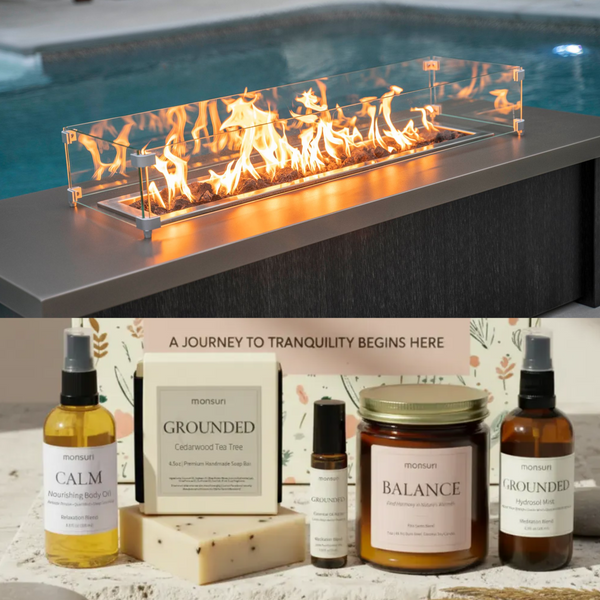 Outdoor fire pit with flames and a display of wellness products including bottles, jars, and books