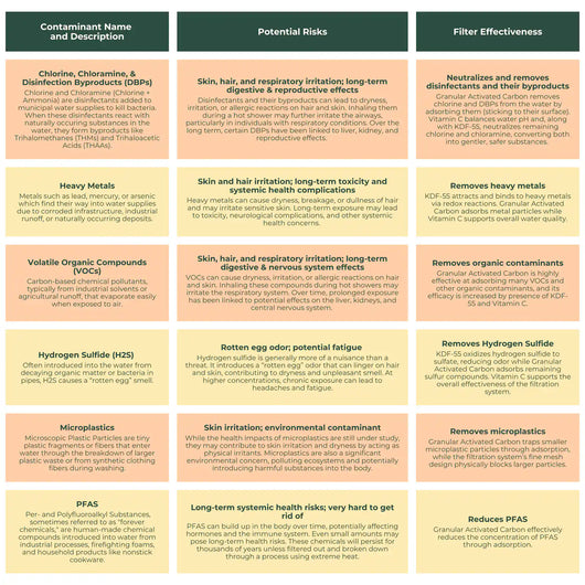 Table detailing common tap water contaminants, describing their associated risks, and outlining how the Citrus shower filter reduces or removes them from the water. Common contaminants include chlorine and disinfection byproducts, heavy metals, organic compounds, hydrogen sulfide, microplastics, and PFAS. Risks range from dry or fragile skin and hair to liver, kidney, and reproductive effects.