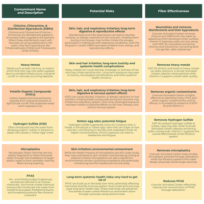Table detailing common tap water contaminants, describing their associated risks, and outlining how the Citrus shower filter reduces or removes them from the water. Common contaminants include chlorine and disinfection byproducts, heavy metals, organic compounds, hydrogen sulfide, microplastics, and PFAS. Risks range from dry or fragile skin and hair to liver, kidney, and reproductive effects.