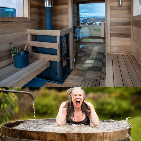 Top image: Sauna interior with wooden benches and a view of the outdoors. Bottom image: Person in a cold plunge tub with water splashing around.