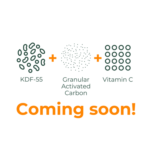 Coming soon image showing the three filter ingredients: KDF-55, Granular Activated Carbon, and Vitamin C.