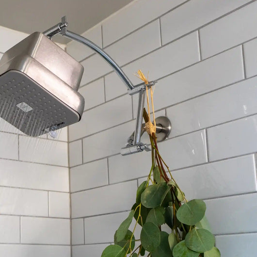 Showerhead attached to extender arm with a plant hanging from it against a tiled bathroom wall