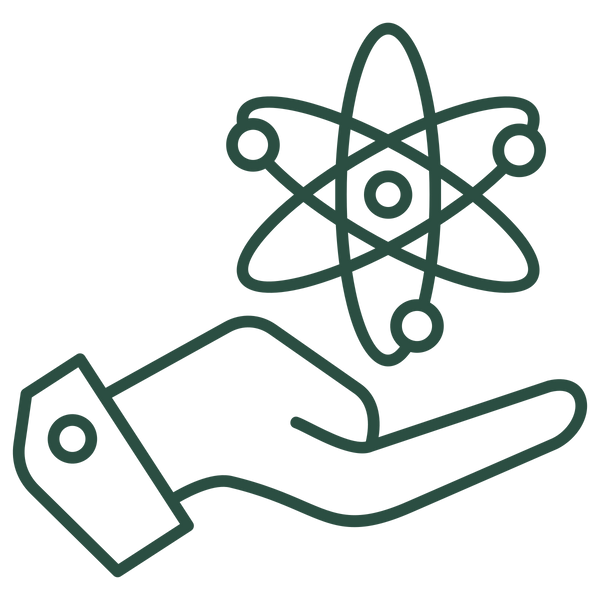 Icon of a hand holding a science-related shape.